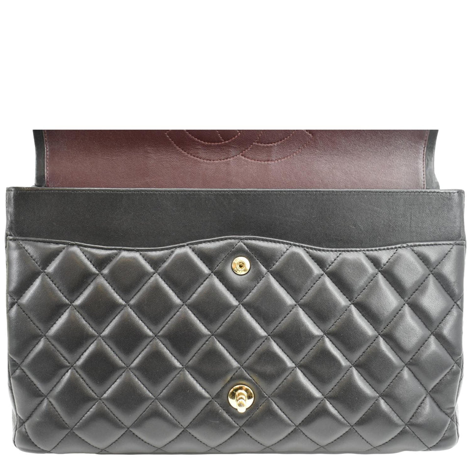 CHANEL Maxi Double Flap Lambskin Leather Shoulder Bag Black