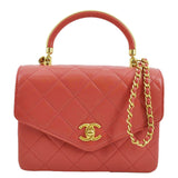 CHANEL Top Handle Quilted Leather Shoulder Bag Red
