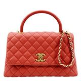 CHANEL Medium Coco Quilted Caviar Leather Top Handle Shoulder Bag Red