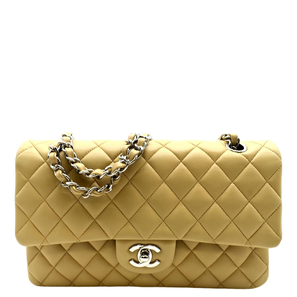 CHANEL Classic Medium Double Flap Quilted Leather Shoulder Bag Beige