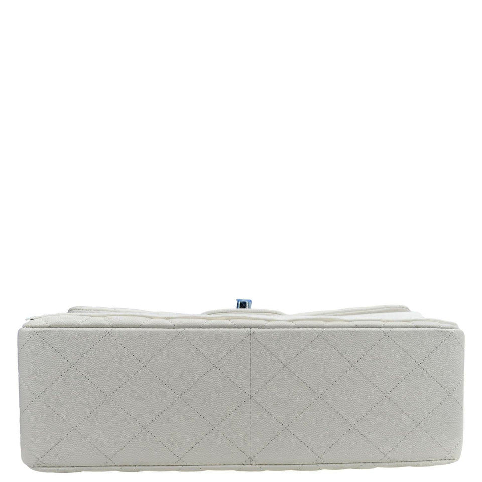 CHANEL Jumbo Double Flap Quilted Caviar Leather Shoulder Bag White