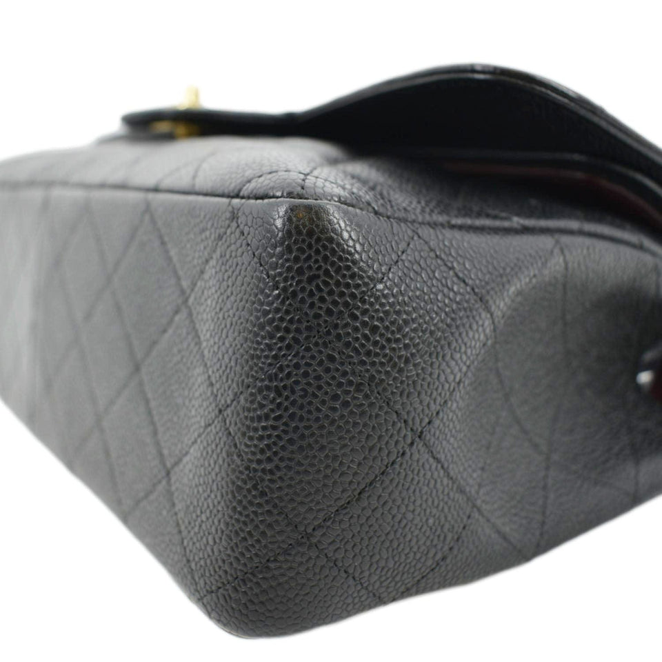 CHANEL Classic Jumbo Double Flap Quilted Caviar Leather Shoulder Bag Black