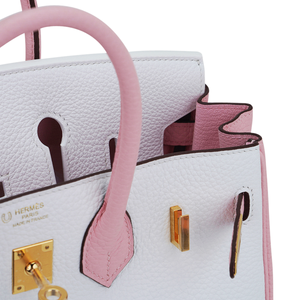 Hermes Special Order HSS Birkin 25 Bag Rose Sakura & White Clemence Leather Gold Hardware