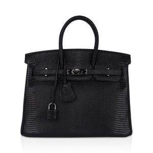 Hermes Limited Edition Birkin 25 Bag Matte Black Lizard with Palladium Hardware