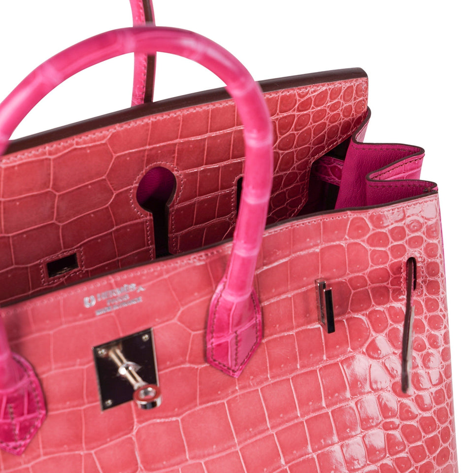 Hermes Special Order HSS Birkin 35 Bag Rose Indien & Fuchsia Porosus Crocodile with Palladium Hardware