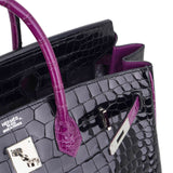 Hermes Special Order HSS Birkin 35 Bag Black & Violet Porosus Crocodile with Palladium Hardware