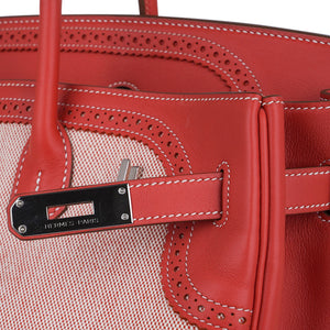 Hermes Limited Edition Birkin 35 Ghillies Bag Sanguine Toile & Swift Leather with Palladium Hardware