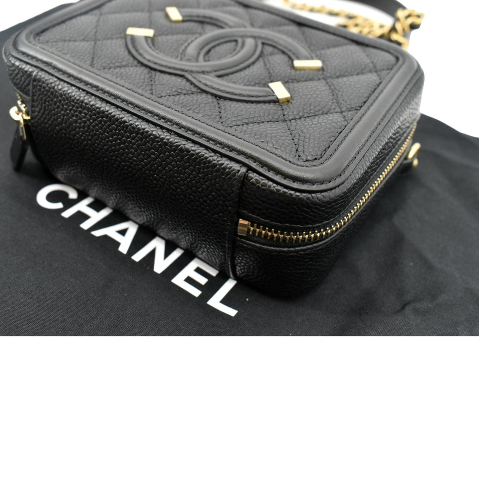 CHANEL CC Filigree Vanity Quilted Caviar Leather Clutch Shoulder Bag Black