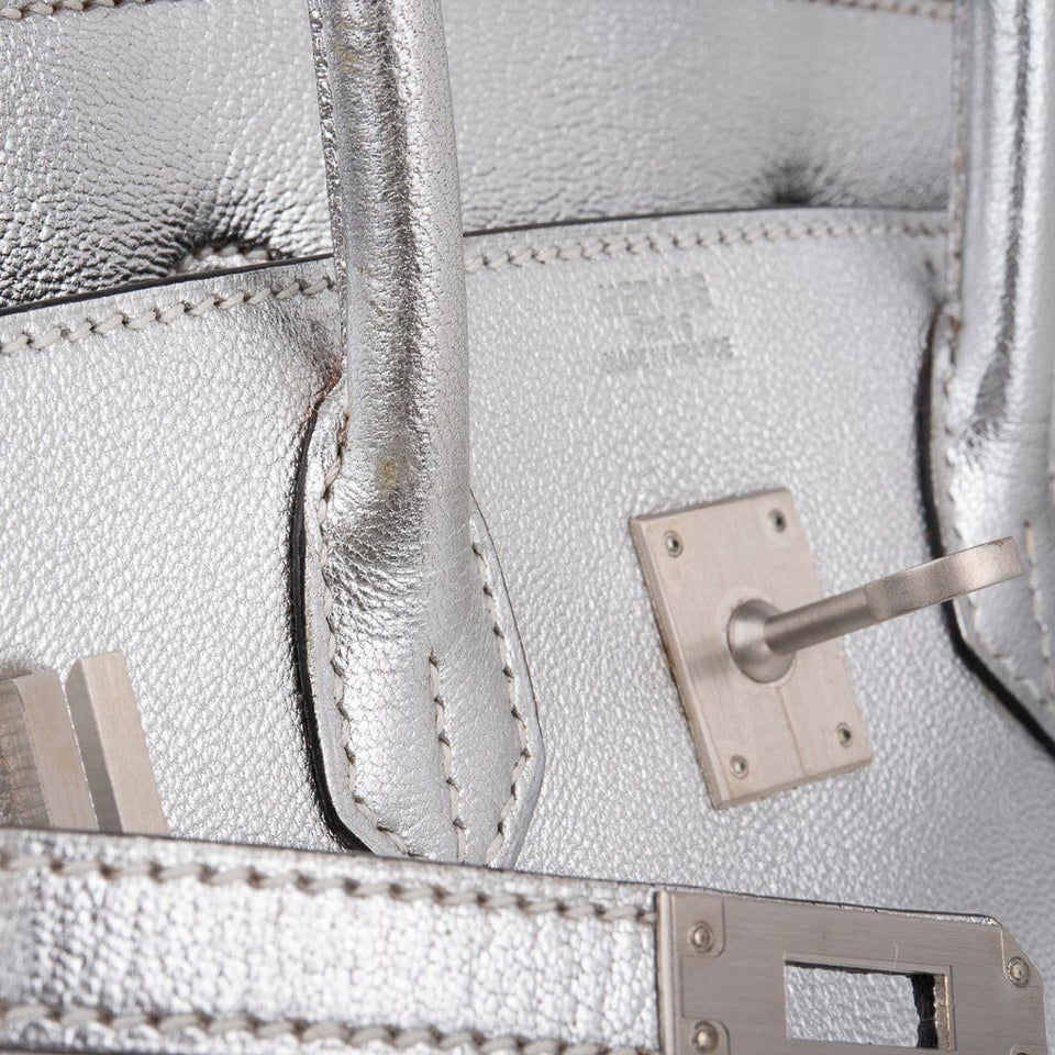 Hermes Birkin 25 Bag Metallic Silver Chevre with Brushed Palladium Hardware