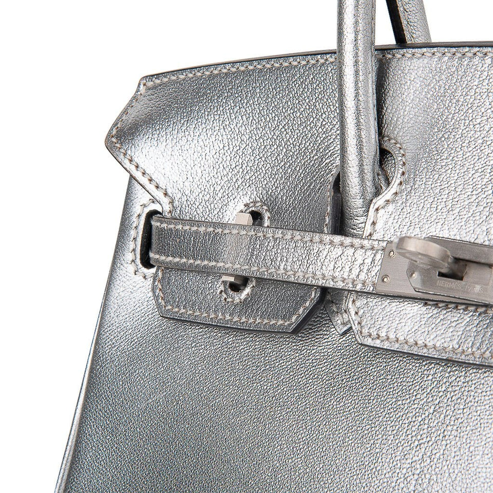 Hermes Birkin 25 Bag Metallic Silver Chevre with Brushed Palladium Hardware