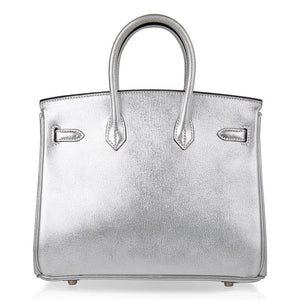 Hermes Birkin 25 Bag Metallic Silver Chevre with Brushed Palladium Hardware