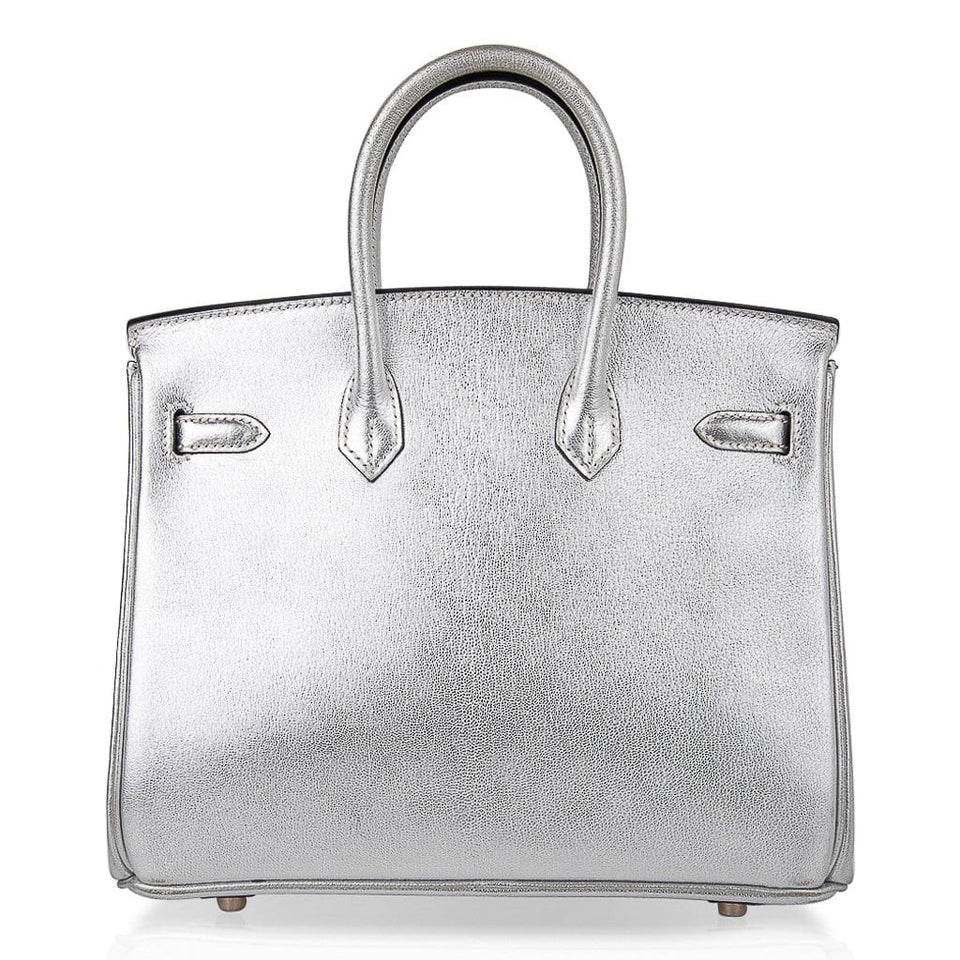 Hermes Birkin 25 Bag Metallic Silver Chevre with Brushed Palladium Hardware