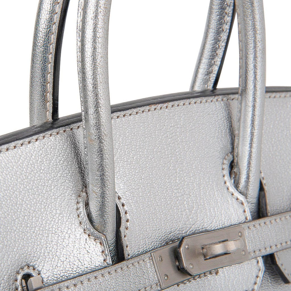 Hermes Birkin 25 Bag Metallic Silver Chevre with Brushed Palladium Hardware