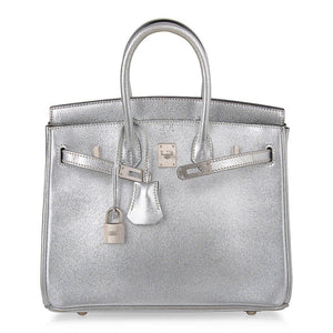 Hermes Birkin 25 Bag Metallic Silver Chevre with Brushed Palladium Hardware