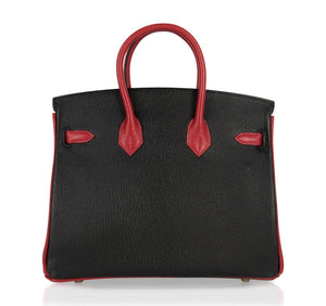 Hermes Birkin HSS 25 Bag Noir / Rouge Casaque Chevre Brushed Gold Hardware