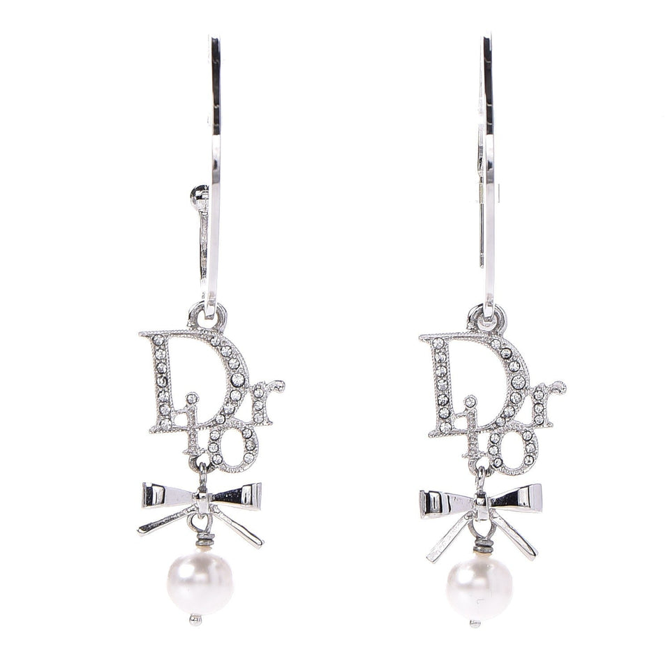 Christian Dior Crystal Pearl Logo Earrings Silver