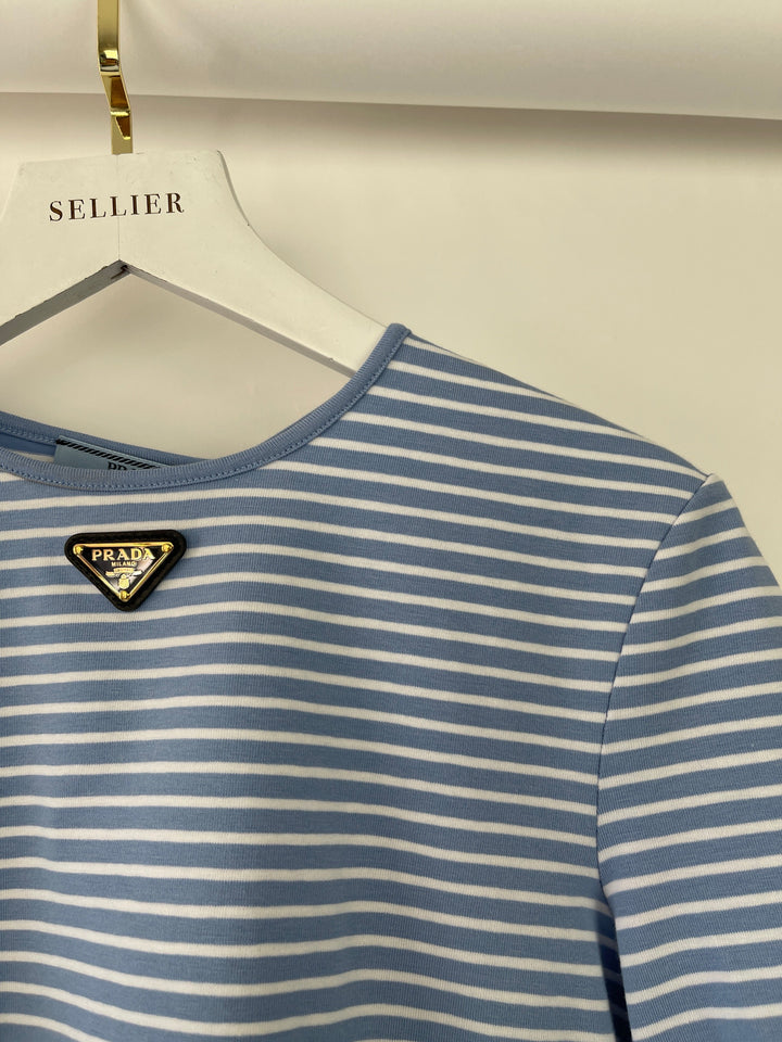 Prada Baby Blue and White Stripped Jersey Cropped Top Size IT 38 (UK 6)