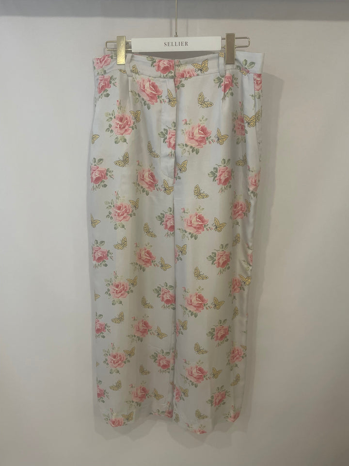 Prada Baby Blue Silk Floral High-Rise Pants Size IT 44 (UK 12)