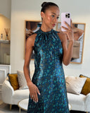 Prada Blue & Green Metallic Sleeveless Midi Dress with Floral Prints Size IT 40 (UK 8)