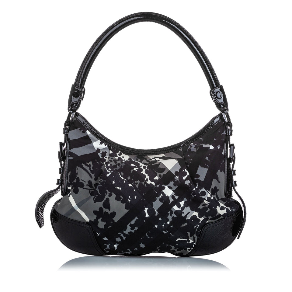 Burberry Black Nylon Fabric Floral Beat Check Foley Hobo Bag Italy