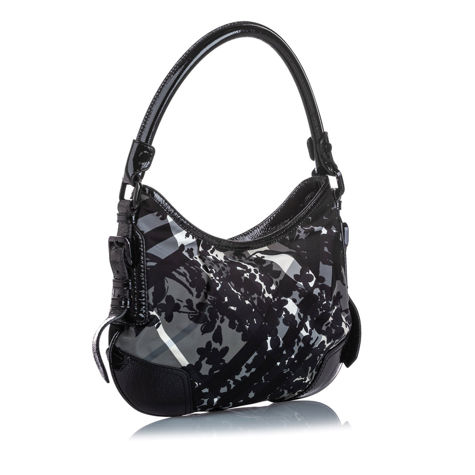 Burberry Black Nylon Fabric Floral Beat Check Foley Hobo Bag Italy