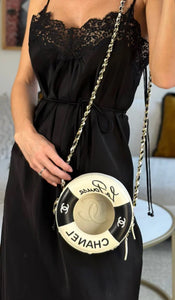CHANEL Black White Lambskin Coco Lifesaver Round Crossbody Bag
