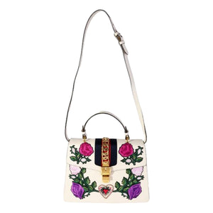 Gucci Sylvie Embroidered Off White Medium Top Handle Bag