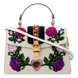 Gucci Sylvie Embroidered Off White Medium Top Handle Bag