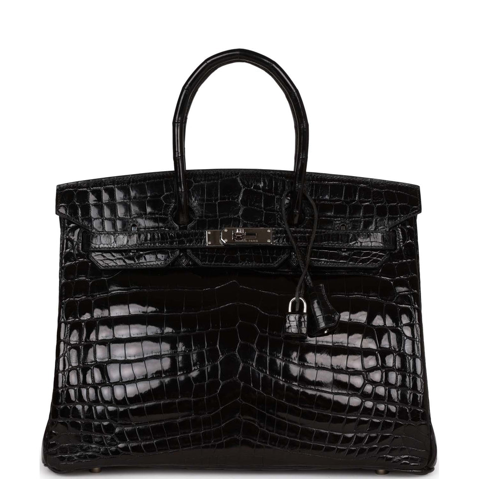 Hermes Birkin 35 Black Shiny Porosus Crocodile Palladium Hardware