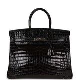 Hermes Birkin 35 Black Shiny Porosus Crocodile Palladium Hardware