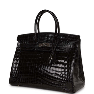 Hermes Birkin 35 Black Shiny Porosus Crocodile Palladium Hardware
