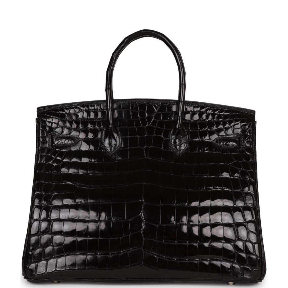 Hermes Birkin 35 Black Shiny Porosus Crocodile Palladium Hardware