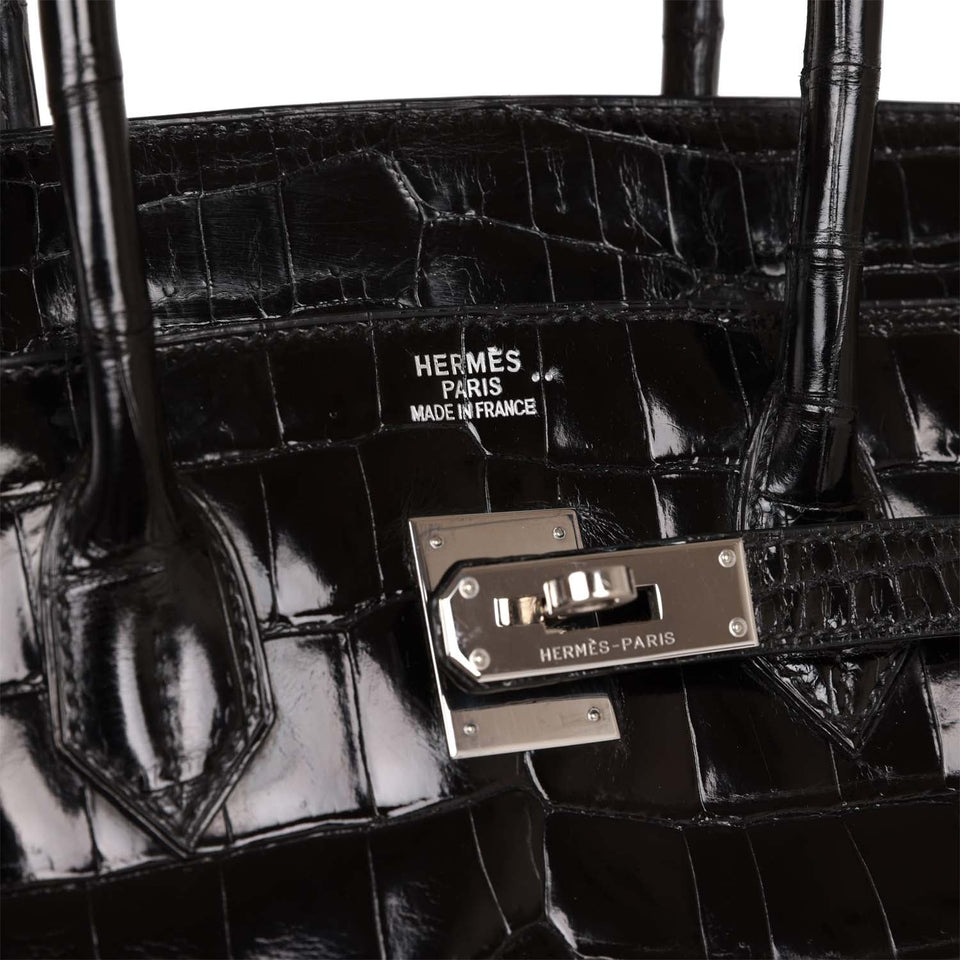 Hermes Birkin 35 Black Shiny Porosus Crocodile Palladium Hardware
