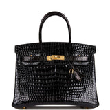 Hermes Birkin 30 Black Shiny Porosus Crocodile Gold Hardware