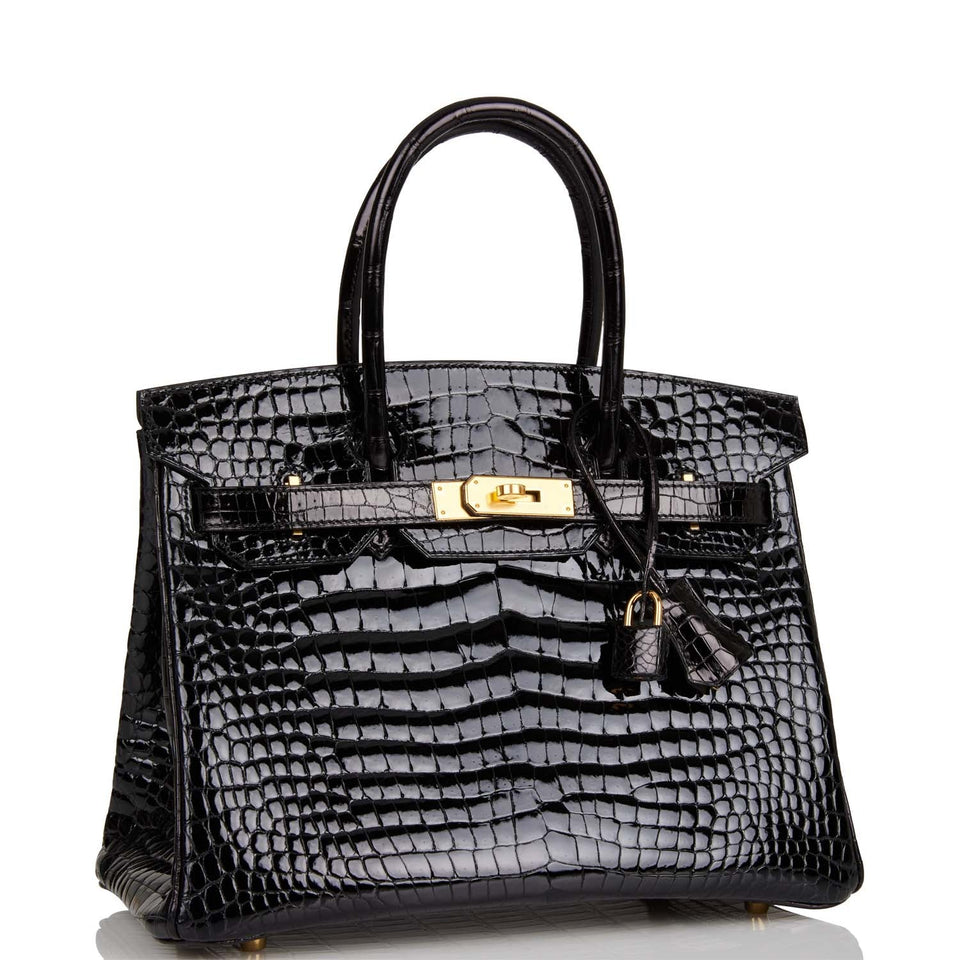 Hermes Birkin 30 Black Shiny Porosus Crocodile Gold Hardware