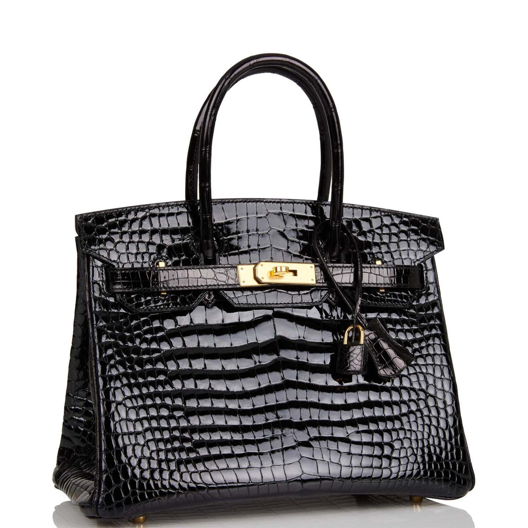 Hermes Birkin 30 Black Shiny Porosus Crocodile Gold Hardware