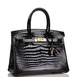 Hermes Birkin 30 Black Shiny Porosus Crocodile Gold Hardware
