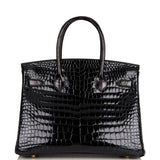 Hermes Birkin 30 Black Shiny Porosus Crocodile Gold Hardware