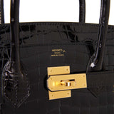 Hermes Birkin 30 Black Shiny Porosus Crocodile Gold Hardware