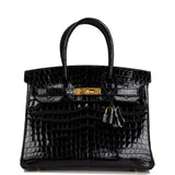 Hermes Birkin 30 Black Shiny Niloticus Crocodile Gold Hardware