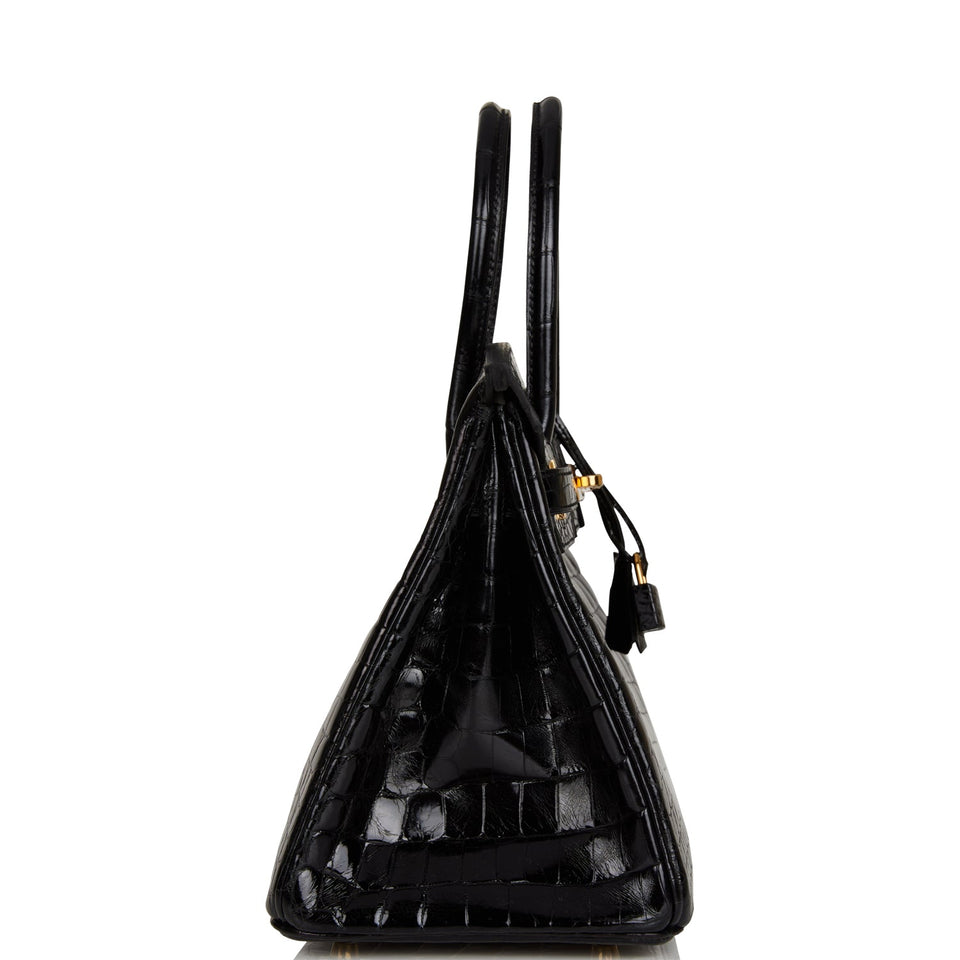 Hermes Birkin 30 Black Shiny Niloticus Crocodile Gold Hardware
