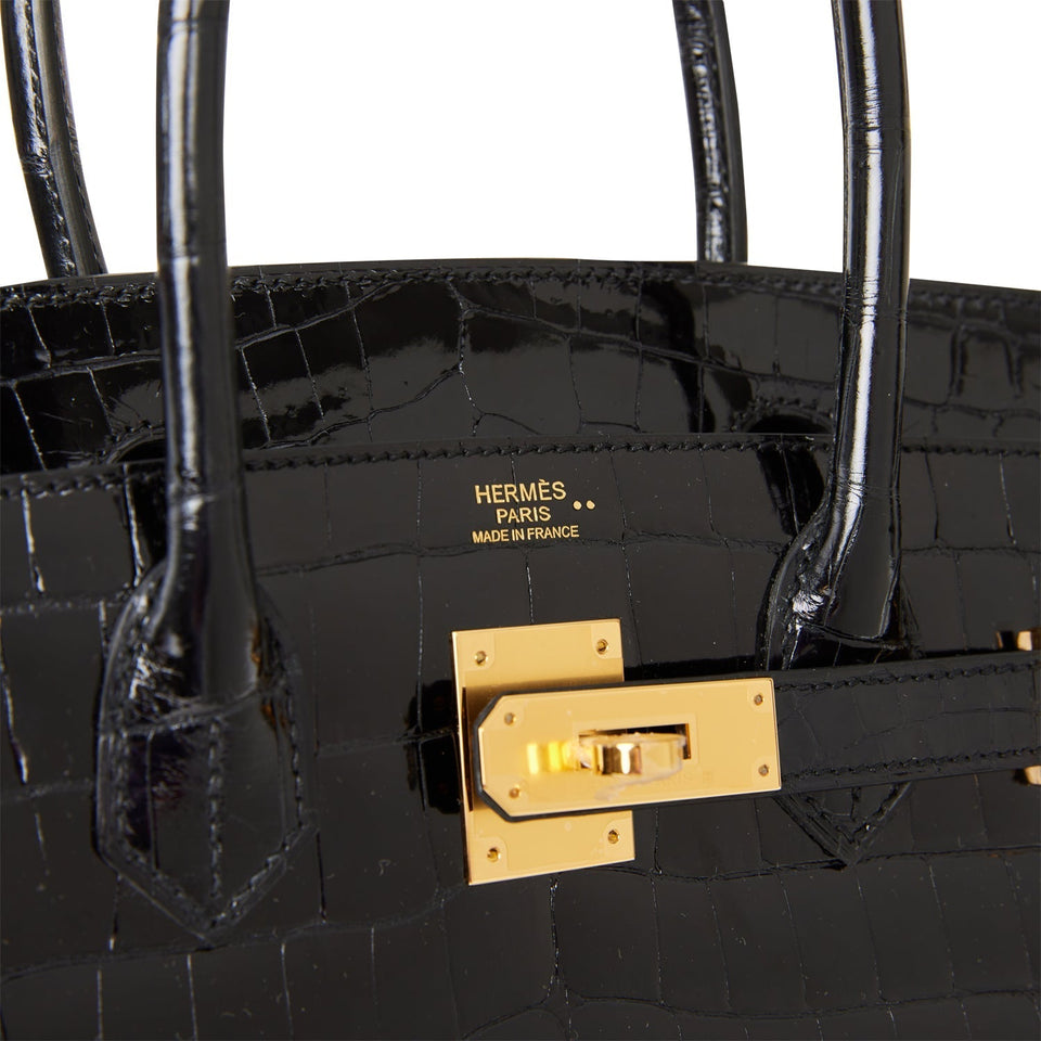 Hermes Birkin 30 Black Shiny Niloticus Crocodile Gold Hardware