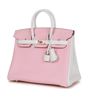 Hermes Special Order (HSS) Birkin 25 Rose Sakura and White Clemence Permabrass Hardware