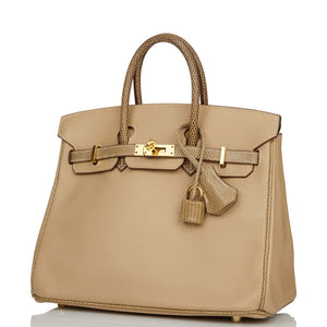 Hermes Special Order (HSS) Birkin 25 Ficelle Lizard and Argyle Swift Gold Hardware