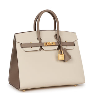 Hermes Special Order (HSS) Birkin Sellier 25 Craie and Gris Asphalte Epsom Brushed Gold Hardware