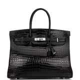 Hermes Birkin 35 Black Shiny Porosus Crocodile Palladium Hardware