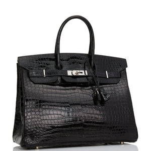 Hermes Birkin 35 Black Shiny Porosus Crocodile Palladium Hardware