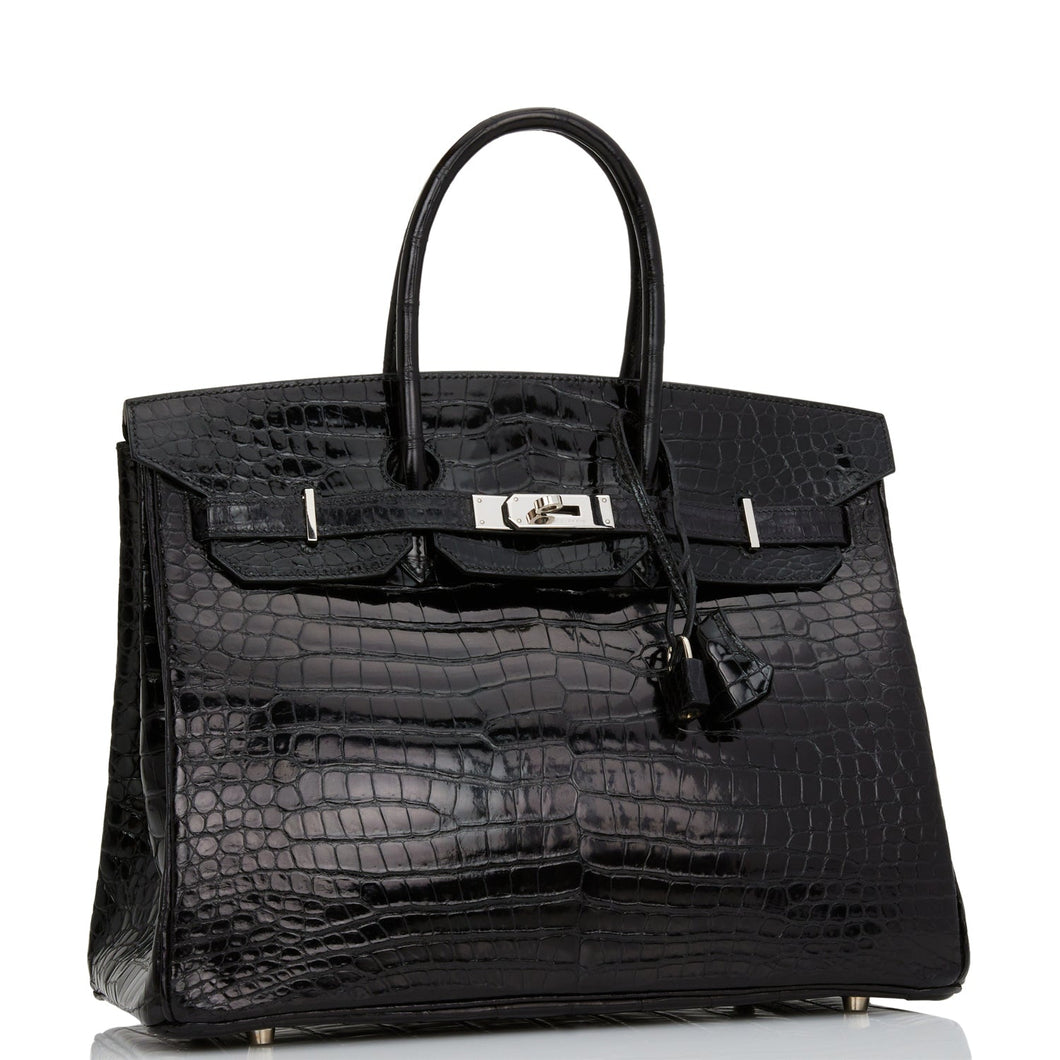 Hermes Birkin 35 Black Shiny Porosus Crocodile Palladium Hardware