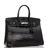 Hermes Birkin 35 Black Shiny Porosus Crocodile Palladium Hardware