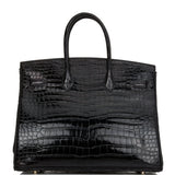 Hermes Birkin 35 Black Shiny Porosus Crocodile Palladium Hardware